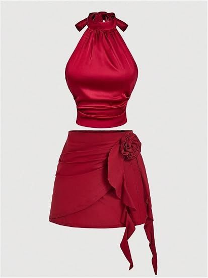 Red Halter Top And Red Mini Skirt With Floral Detail image 1